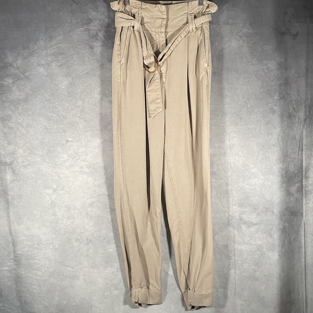 Guess Belted Paperbag Pants Size S Beige Cotton Casual High Rise